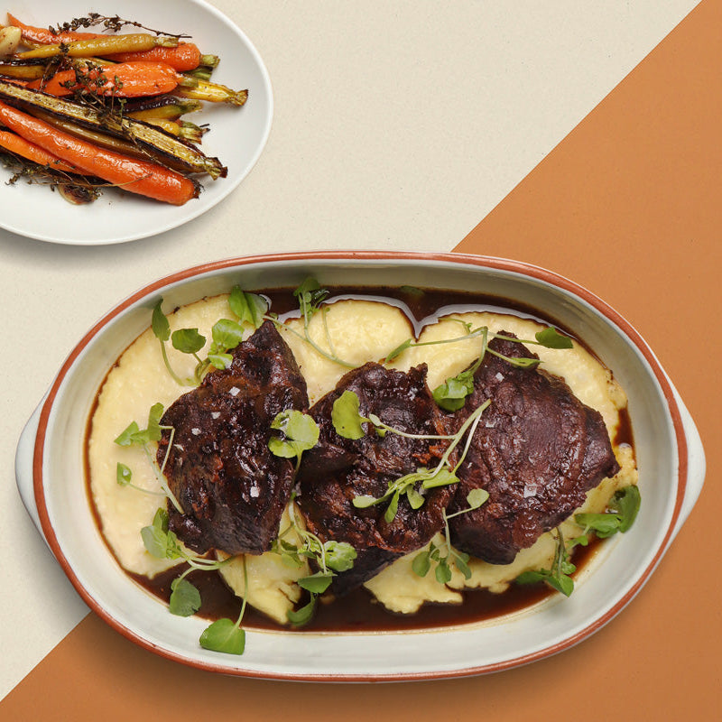 Slow Cooked Beef Cheeks with Green Beans and Reduced Beef Jus