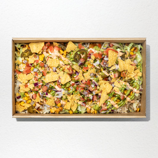 Corn chips, red rice, lettuce, corn, jalapenos, pico de galo, avocado, coriander & smoked chilli aioli