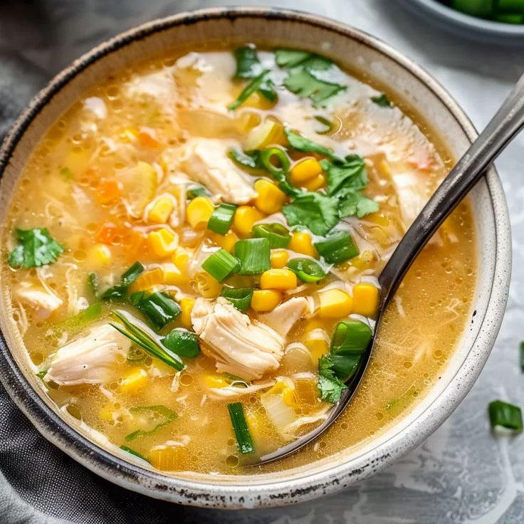 Bowl of chicken soup with corn, chicken, and green onions