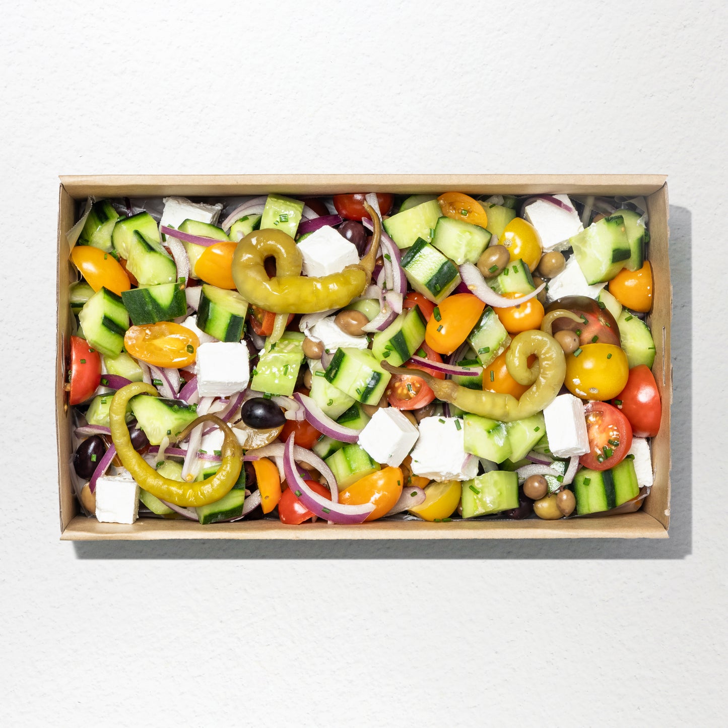 Lebanese cucumber, cherry tomato, spanish onion, salad mix, feta, pickles, olives & lemon & oregano dressing