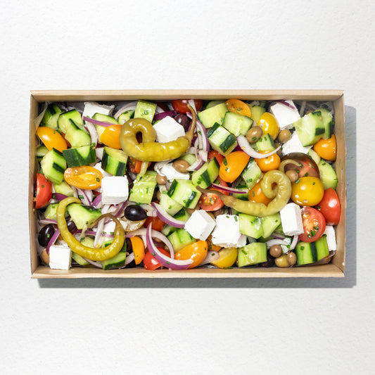 Lebanese cucumber, cherry tomato, spanish onion, salad mix, feta, pickles, olives & lemon & oregano dressing