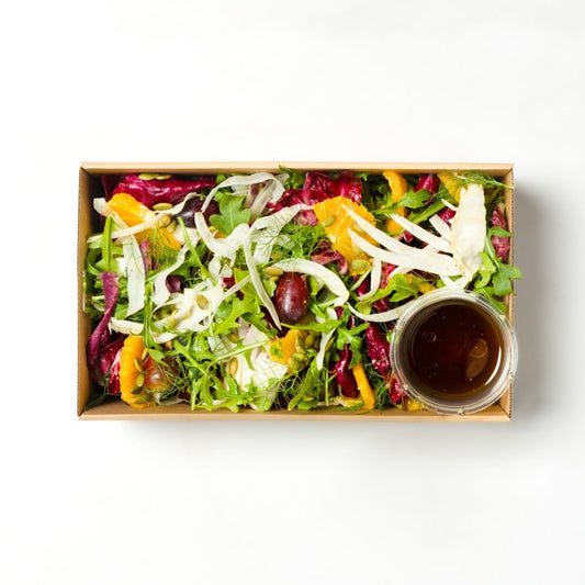 Summer Salad of orange, grape, fennel, rocket, radicchio, sunflower with sumac & sherry vinaigrette