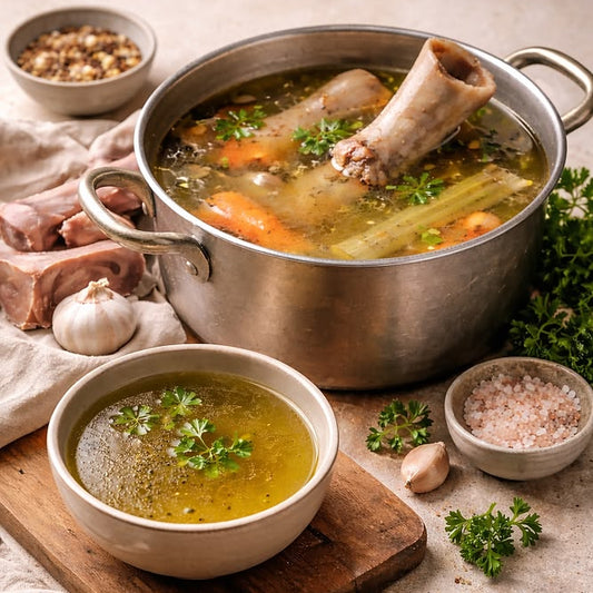Pots of soup with ingredients on a wooden board and beige background
