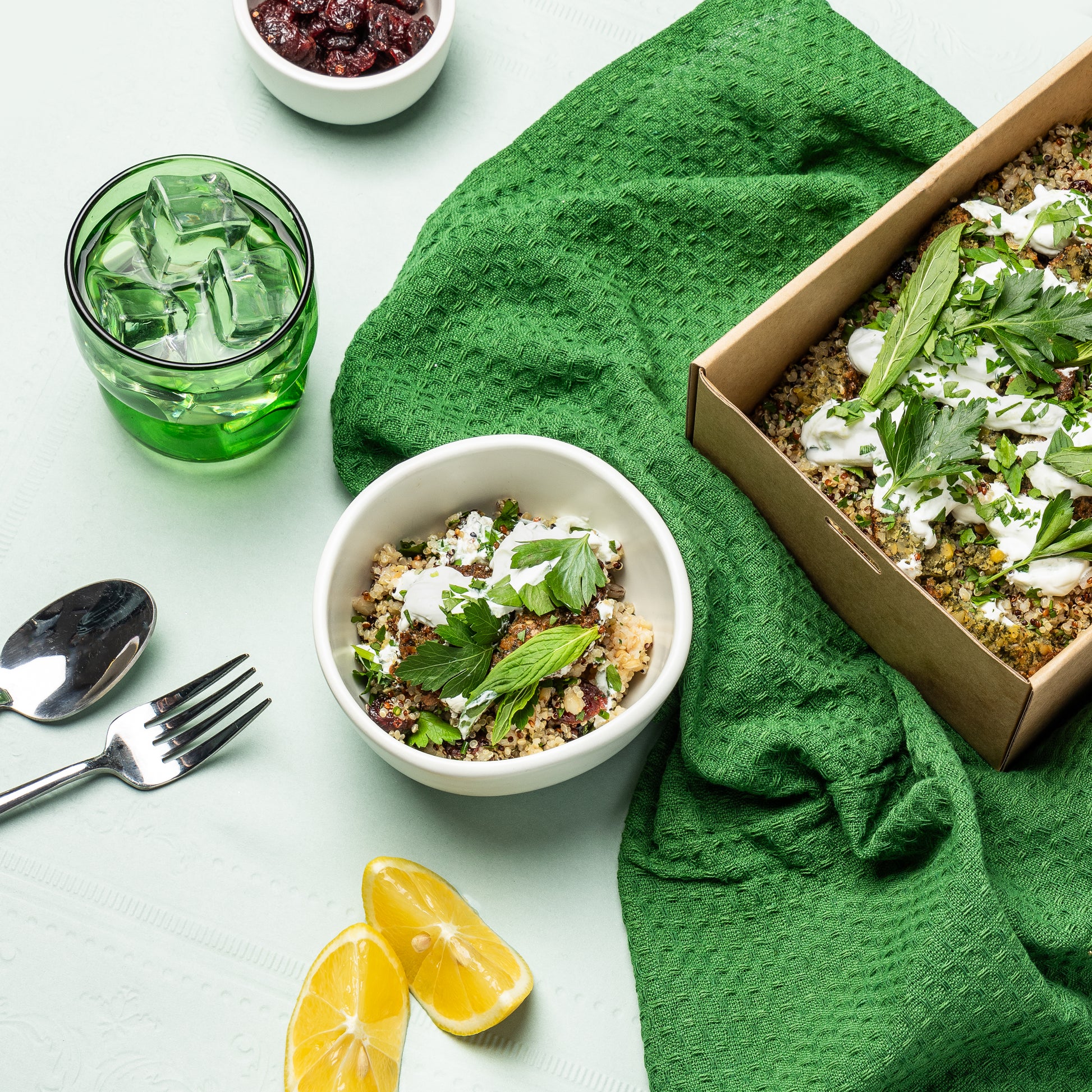 Order wholesale falafel and grains salad for cafes, caterers and offices. Bulk vegetarian salad with grains, herbs and tzatziki.
