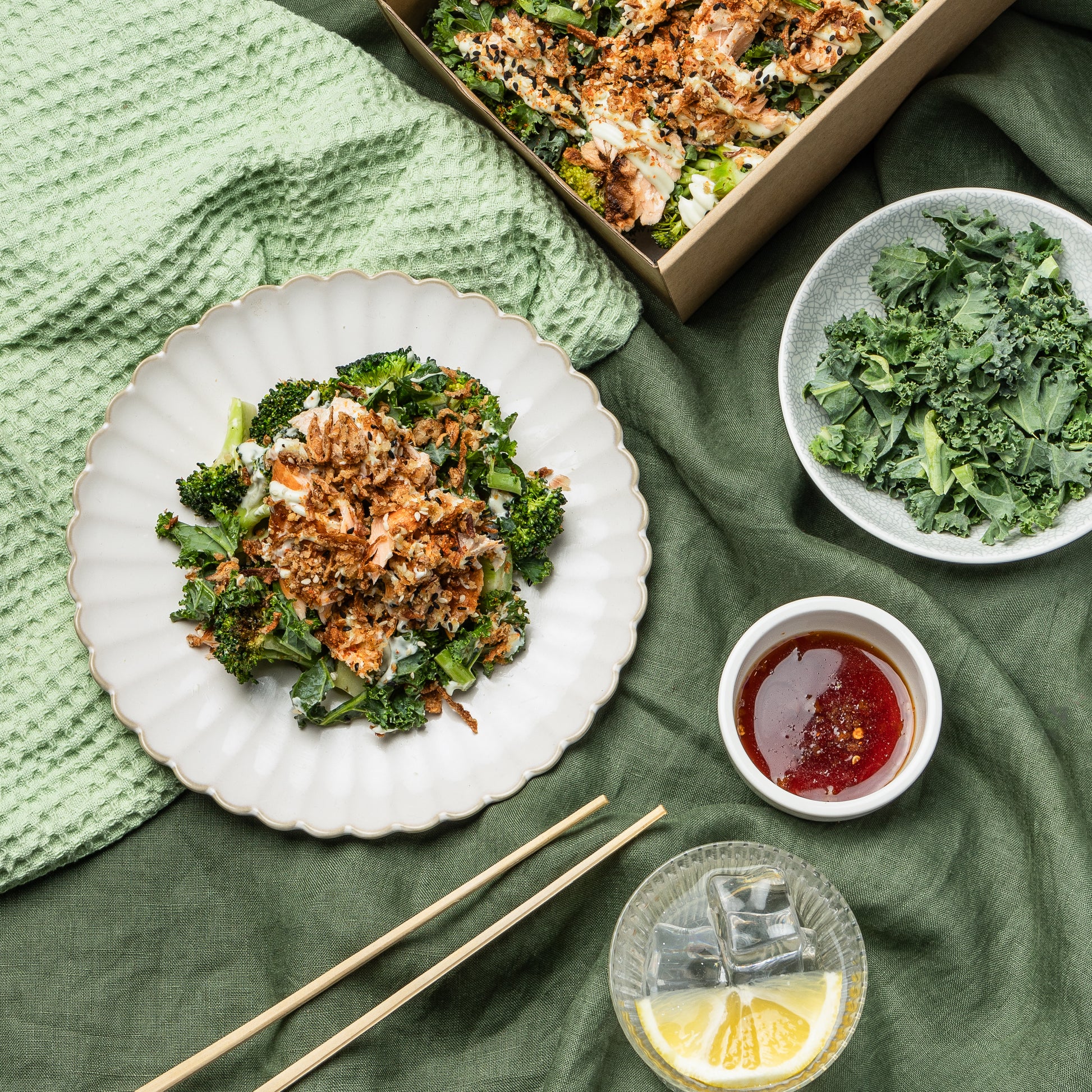 Miso Blackened Salmon Salad in wholesale salad tray