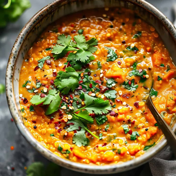 a bowl of red lentil dahl with cilantro