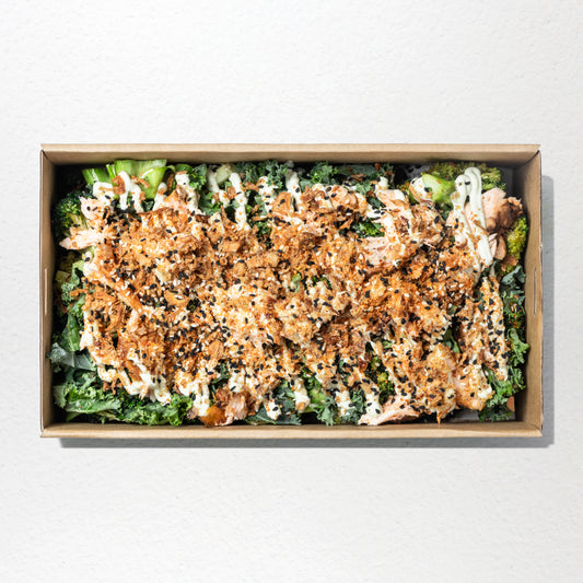 Miso salmon, kale, sesame roasted broccoli, wasabi kewpie mayo, crispy onions & togarashi salt 
